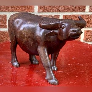 Vintage Artisan Hand Carved Thai Hardwood Antique Bull Ox Steer Figurine